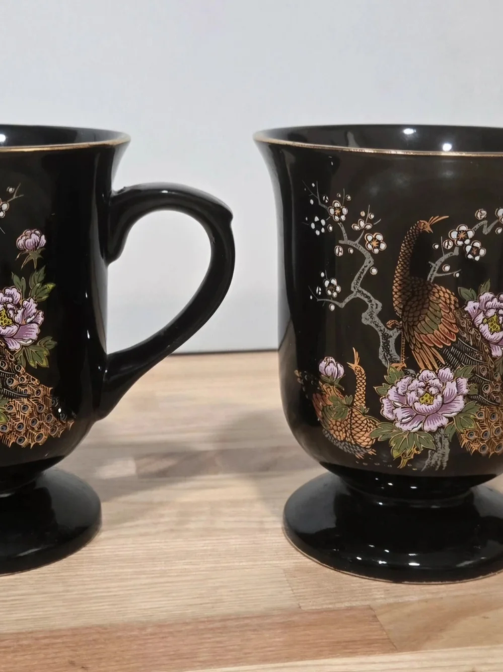 Vintage Y-China Japan Black & Gold Peacock Footed Coffee Mugs (Set of 2)